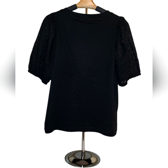 LOFT Black T-shirt w/Puffy Eyelet Sleeves - Large Petite - Picture 2 of 6